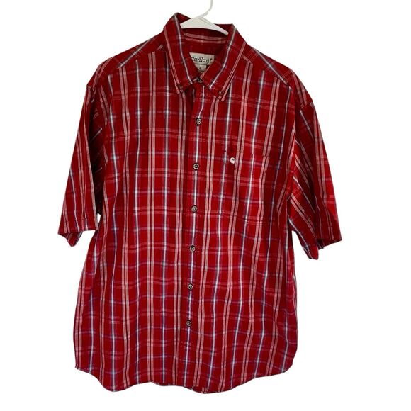 Carhartt Relaxed Fit Button Down Short Sleeve Shirt Mens Size L Plaid Red Blue - Picture 2 of 9